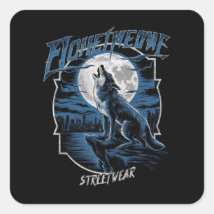 Een eenzame wolf, huilend naar de volle maan op ee vierkante sticker