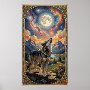 Een eenzame wolf huilt naar een maan poster