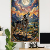 Een eenzame wolf huilt naar een maan poster (Thuiskantoor)