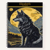 Een eenzame wolf huilt onder het felle volle maanl notitieboek (Voorkant)