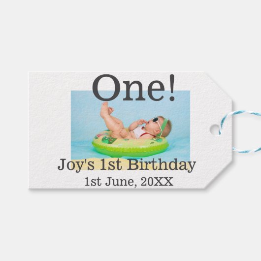 Een eerste verjaardag foto moderne naam datum toev cadeaulabel (Voorkant (Horizontaal))