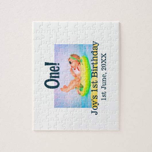 Een eerste verjaardag foto moderne naam datum toev legpuzzel (Verticaal)