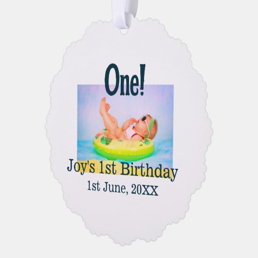 Een eerste verjaardag foto moderne naam datum toev ornament kaart (Links)