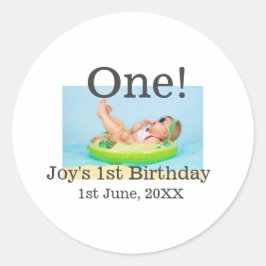 Een eerste verjaardag foto moderne naam datum toev ronde sticker