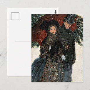 Een elegant gekleed paar, paraplu, sneeuw oude tij briefkaart