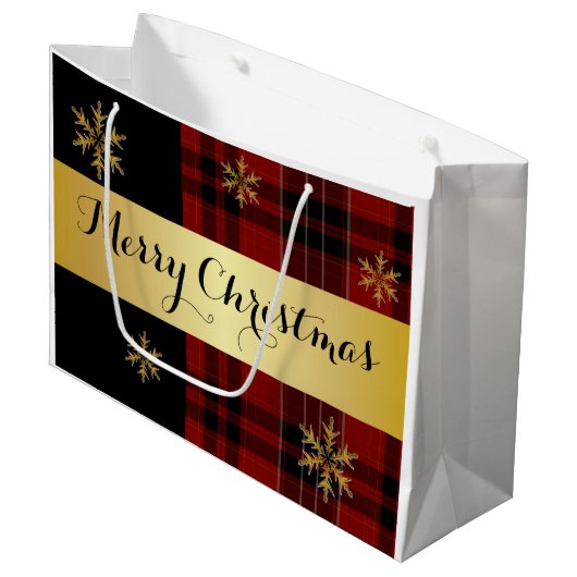 Een elegant goud met geplakt kerstfeest groot cadeauzakje (Voorkant Gekanteld)