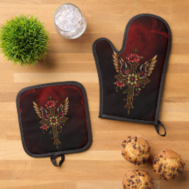 Een elegant kruis ovenwant & pannenlap set