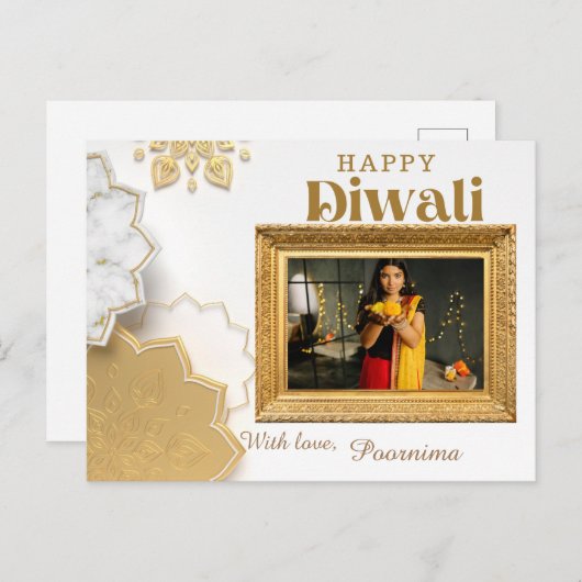Een elegant wit en goud diwali groeten briefkaart (Voorkant / Achterkant)