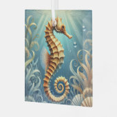 Een elegant zeepaardje dat onder water zwemt glas ornament (Voorkant links)