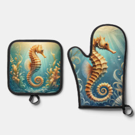 Een elegant zeepaardje dat onder water zwemt ovenwant & pannenlap set