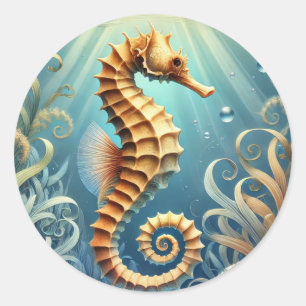 Een elegant zeepaardje dat onder water zwemt ronde sticker