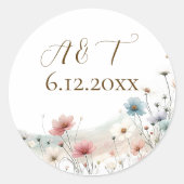 Een elegante Waterverf Wildflowers trouwdatum Ronde Sticker (Voorkant)