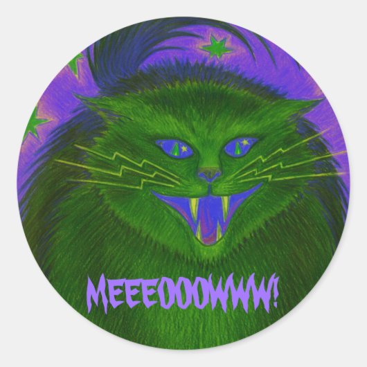 Een enge kat-groene 'MEEEOOWW' sticker! Ronde Sticker (Voorkant)