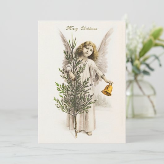 Een engel die een kerstklok houdt feestdagenkaart (Staand voorkant)