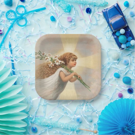 Een engel in de hemel die leugens kerstmis houdt papieren bordje (Feest)