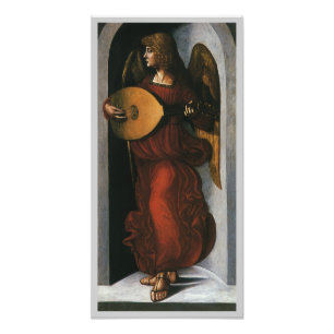 Een engel in het rood met een luit door Leonardo d Foto Afdruk