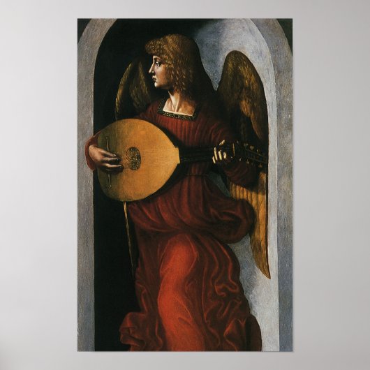 Een engel in het rood met een luit door Leonardo d Poster (Voorkant)