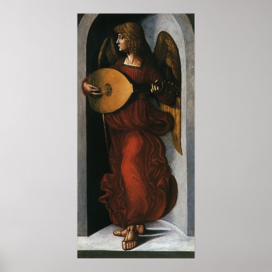 Een engel in het rood met een Lute van Leonardo da Poster (Voorkant)