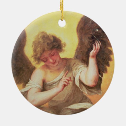 Een engel met een glazen erlenmeyer keramisch ornament (Achterkant)