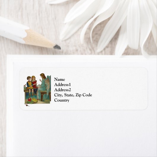 Een engel onderwijst kinderen Kerstmis Etiket (Insitu)