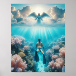 Een engel verrast een snorkelaar op een oceaanrif poster