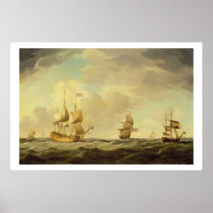 Een Engels vlaggenschip onder Easy Sail in een gem Poster