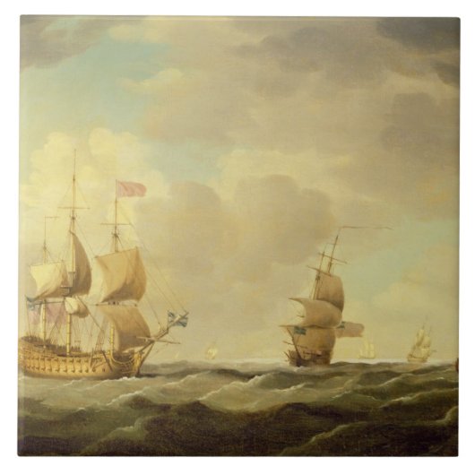 Een Engels vlaggenschip onder Easy Sail in een gem Tegeltje (Voorkant)