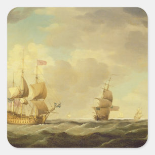 Een Engels vlaggenschip onder Easy Sail in een gem Vierkante Sticker