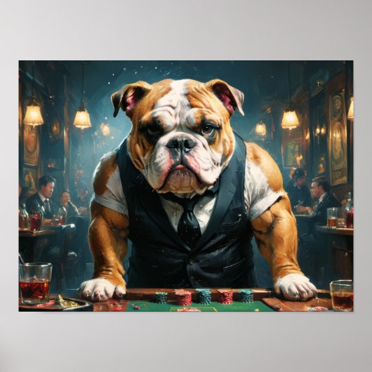Een Engelse buldog als croupier in een casino - Poster (Voorkant)