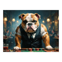 Een Engelse bulldog als croupier in een casino -