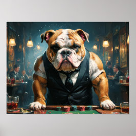 Een Engelse bulldog als croupier in een casino - Poster