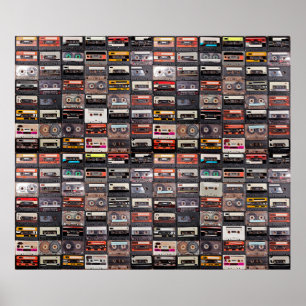 Een enorm collectie audiocassettes. Retro musical Poster