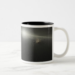 Een enorme asteroïdgordel in een baan rond een st tweekleurige koffiemok