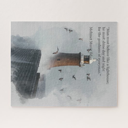 Een enorme golf raakt een vuurtoren in Schotland Legpuzzel (Horizontaal)