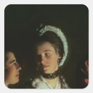 Een experiment op een vogel in de luchtpomp, 1768 vierkante sticker