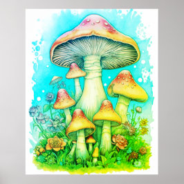 Een Familie Groene Paddenstoelen Witte Achtergrond Poster