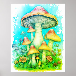 Een Familie Groene Paddenstoelen Witte Achtergrond Poster