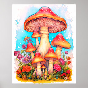 Een Familie Paddenstoelen Witte Achtergrond Aan ee Poster
