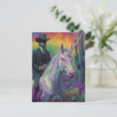Een fantasie man rijden op een eenhoorn briefkaart (Staand voorkant)