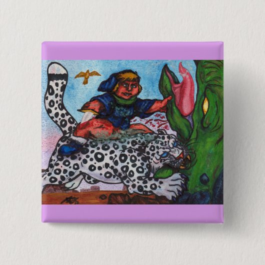 een fantasiejongen die met een kat strijdt tegen d vierkante button 5,1 cm (Voorkant)