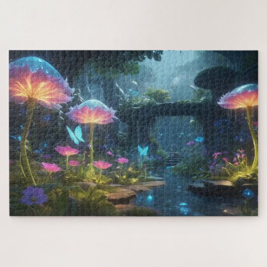 Een fantasietuin met bioluminescente bloemen legpuzzel (Horizontaal)
