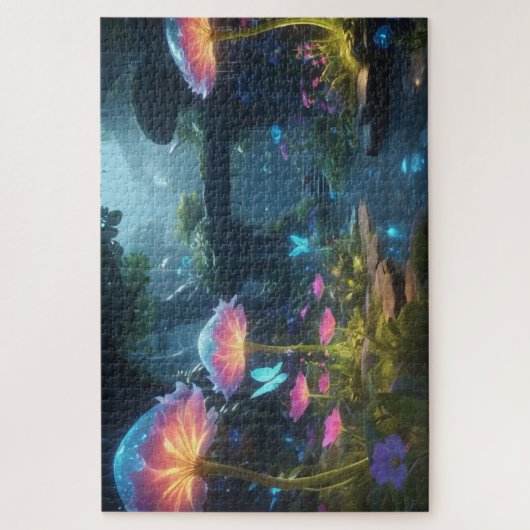 Een fantasietuin met bioluminescente bloemen legpuzzel (Verticaal)