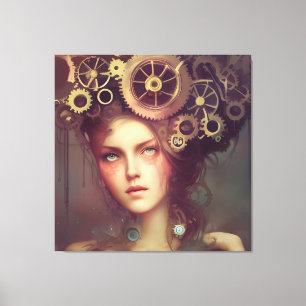 Een fantasievrouw met steampunk tandwielen op haar canvas afdruk