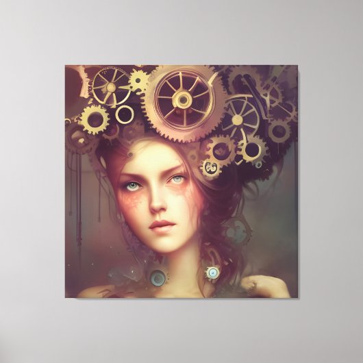 Een fantasievrouw met steampunk tandwielen op haar canvas afdruk (Voorkant)