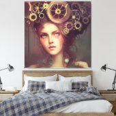 Een fantasievrouw met steampunk tandwielen op haar canvas afdruk (Insitu (Slaapkamer))