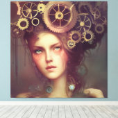 Een fantasievrouw met steampunk tandwielen op haar canvas afdruk (Insitu (Houten vloer))