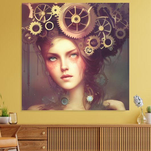 Een fantasievrouw met steampunk tandwielen op haar canvas afdruk (Insitu (Woonkamer))