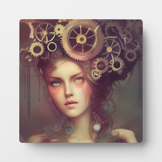 Een fantasievrouw met steampunk tandwielen op haar fotoplaat (Voorkant)