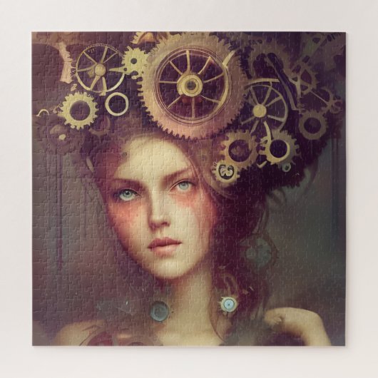 Een fantasievrouw met steampunk tandwielen op haar legpuzzel (Verticaal)