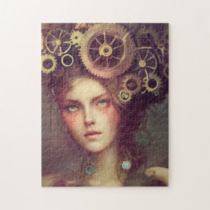 Een fantasievrouw met steampunk tandwielen op haar legpuzzel